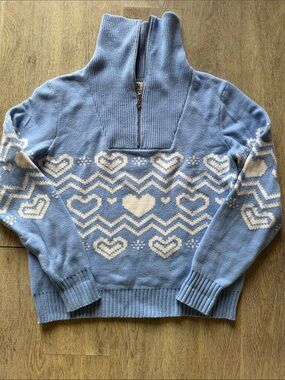 Beach Riot Light Blue & Cream Heart Zip Funnel Neck Sweater